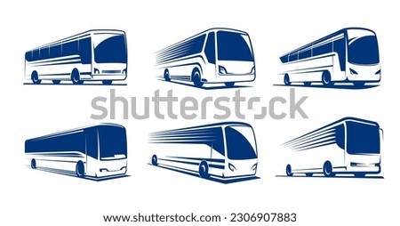 Travel bus icons, tour transport or public transportation service, vector emblems. Tourism or passenger travel trip bus icon for, city coach van station or airport express transfer or shuttle bus Royalty-Free Stock Photo #2306907883