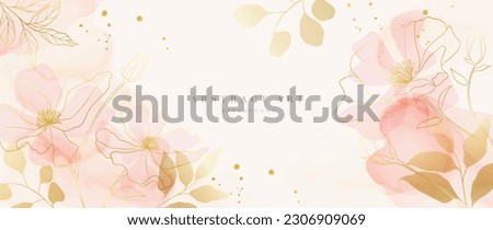 Spring floral in watercolor vector background. Luxury flower wallpaper design with wild flowers, line art, golden texture. Elegant gold botanical illustration suitable for fabric, prints, cover.