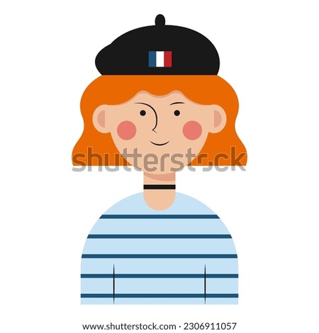 French woman with beret hat on white background