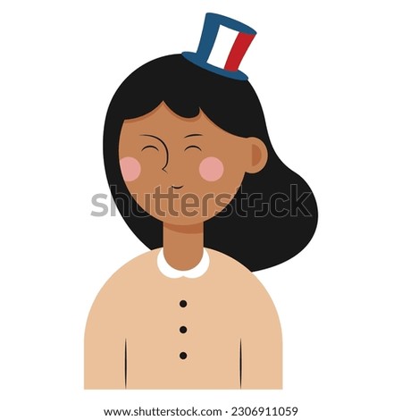 Woman with top hat in colors of French flag on white background