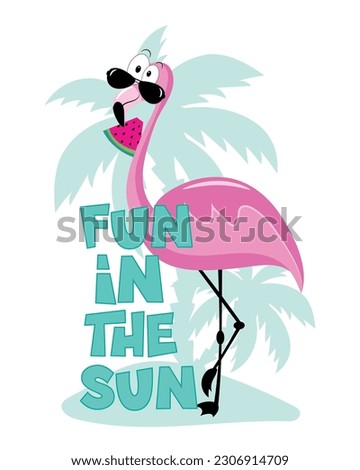 Fun in the sun - flamingo on the island and with watermelon slice. Funny Summer decoration.