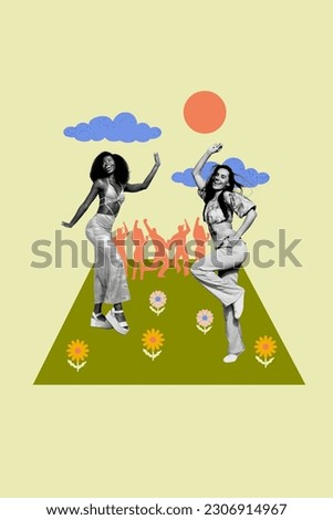 Vertical collage picture of two cheerful excited girls black white gamma enjoy dancing painted flowers sun clouds