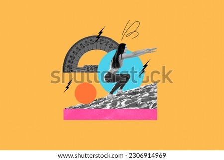 Collage image of black white gamma mini girl squat training sand beach big protractor isolated on orange background