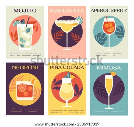 Cocktails posters set. Mojito, margarita, pina colada, mimosa, negroni and aperol spritz. Collection of summer refreshing drinks with ice. Cartoon flat vector illustrations isolated on background Royalty-Free Stock Photo #2306919319