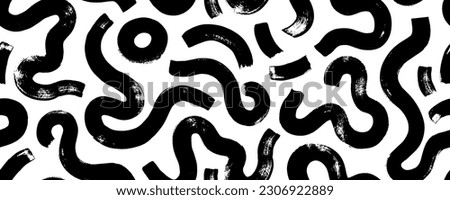 Squiggles with circles seamless pattern. Brush drawn bold curved lines, waves and swirls. Abstract geometric background with organic bold lines. Creative childish scribble backdrop, doodles.