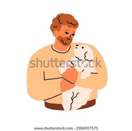 Man holding cute puppy. Happy pet owner and adorable little dog looking at each other. Person caring about companion doggy, pup, canine animal. Flat vector illustration isolated on white background