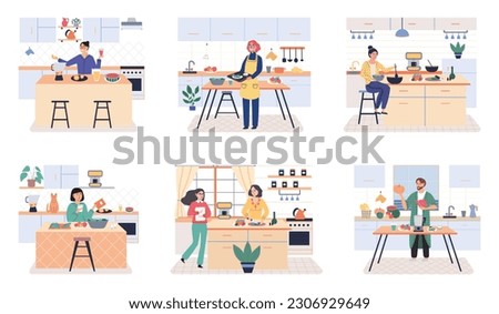 People cooking vegetarian food. Vector illustration. Homemade food, dinner, cozy atmosphere. Happy myself cooking dinner in modern kitchen. Parents and kids preparing lunch isolated on white