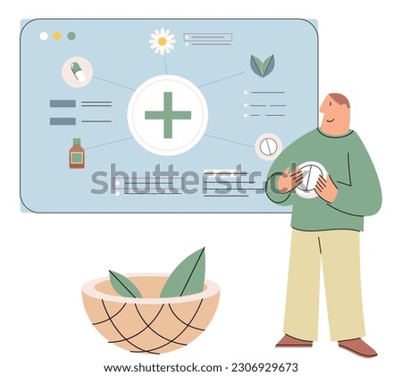 Homeopathy abstract concept with man stands at poster about homeopathic medicine, alternative treatment, herbal medicine method, natural drug, medicinal product, naturopathic healthcare service Royalty-Free Stock Photo #2306929673
