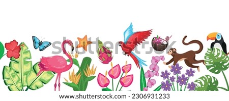 Set of tropical plants and animals on white background