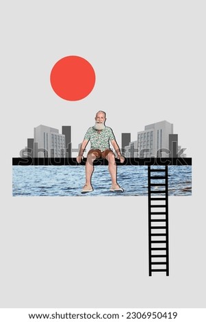 Vertical photo of retired man beard sit calm relax time chill city outdoor sightseeing near ladder seaside isolated over town background