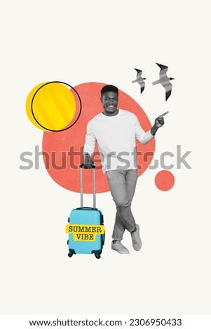 Poster painting banner collage of guy tourist ready for travel exotic resort pointing summer advert on sunny day