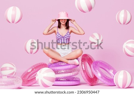 Web magazine creative template collage of happy girl prepare travel sea ocean resort advertise set rubber inflatable rings