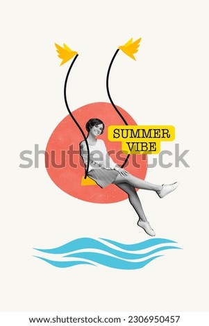 Magazine drawing template collage of beautiful lady enjoying summer vibe weather swing above sea water