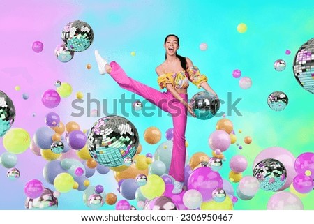 Poster banner collage f excited lady enjoy fun in dry pool cyber metaverse reality playing disco ball on summer weekend