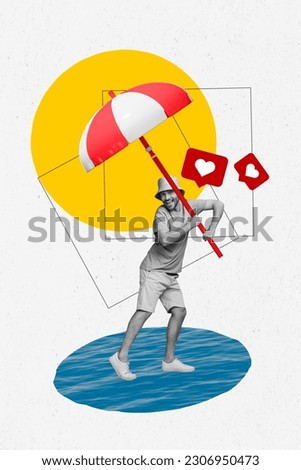 Vertical collage picture of excited black white colors guy stand water arms hold sun umbrella isolated on white background