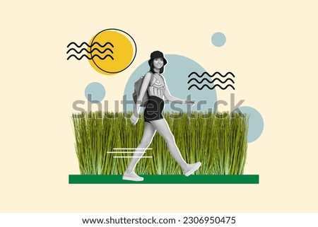 Full size photo collage of young lady trekking explore nature walk green grass field backpack sunny weather isolated on drawn background