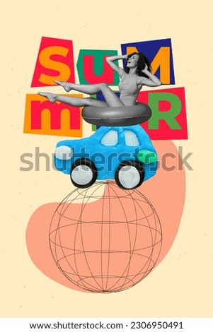 Vertical collage photo of young lady bikini touring by plasticine automobile riding around world summer vibe isolated on beige background