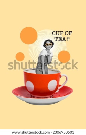 Collage illustration of young girl send air kiss pouted lips inviting you teatime inside dotted cup isolated on yellow background