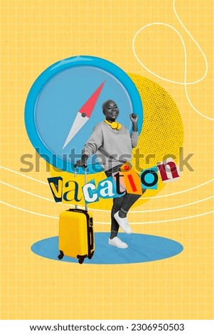 Vertical collage picture of black white effect girl raise fist hold suitcase enjoy vacation big compass isolated on drawing yellow background