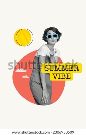 Vertical collage of young flirty girl send air kiss pouty lips wear stylish sunglass summer vibe new resort isolated on white background