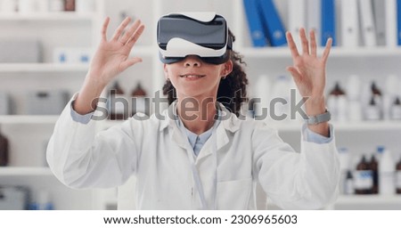Science, virtual reality and metaverse with woman in laboratory for research, pharmacy and technology. Future, 3d and medical with scientist and headset for cyber, healthcare and digital development Royalty-Free Stock Photo #2306965603