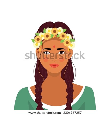Beautiful Indian woman with floral wreath on white background. S