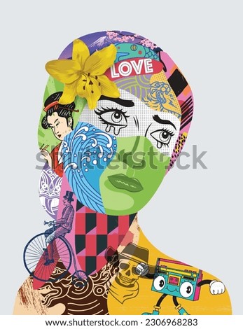 Self portrait digital collage mixed with textures and elements. Young woman crying with tear drop, Vector Illustration