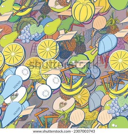Background pattern abstract design texture. Seamless. Tennis and Fruits. Theme is about lathing, half, observer, lobules, whole, ping-pong, pineapple, incision, bunch, tennis balls, slices
