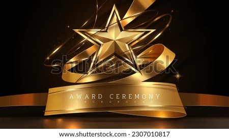 Golden stars on dark background with ribbon decoration and light and bokeh effect elements. Luxury award ceremony design ideas. Vector illustration.