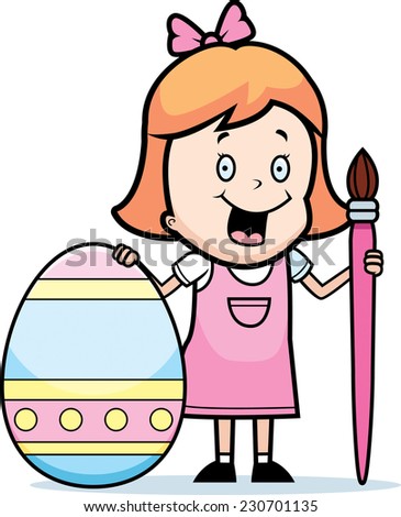 A cartoon illustration of a girl painting an Easter egg.