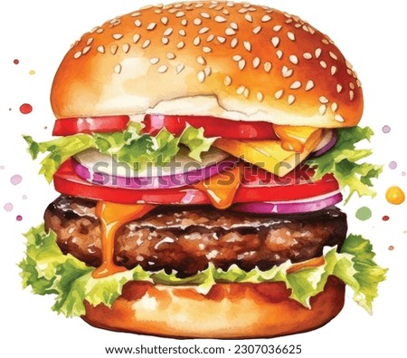 Fresh tasty burger. Watercolor hand drawn illustration, isolated on white background Royalty-Free Stock Photo #2307036625