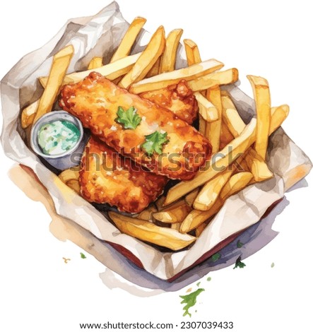 Fish and chips Watercolor .Traditional British food, paper-wrapped fish and chips with mashed peas. Suitable for restaurant menu design, flyers and cookbook. Illustration watercolor