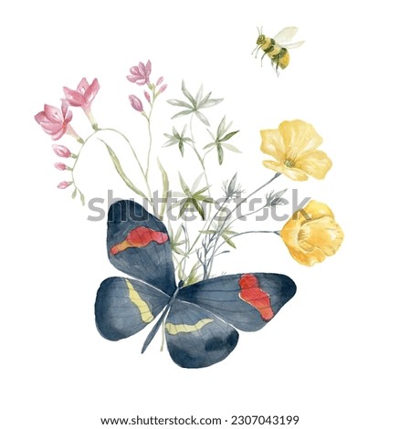 Watercolor Bouquet with Wildflowers and Butterfly. Design for Card on the white Background.
