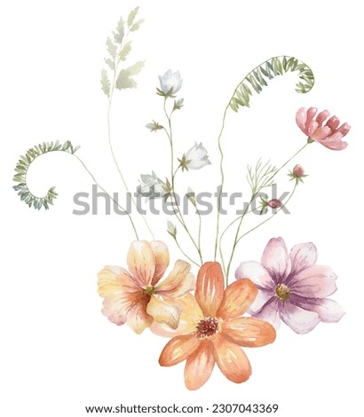 Watercolor Bouquet with Wildflowers. Cosmos Flowers. Design for Card on the white Background.