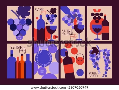 8 Posters for wine tasting party. The design is made of two main colors in burgundy - the color of wine, and purple - the color of grapes. Modern, restrained design will make your project complete! Royalty-Free Stock Photo #2307050949
