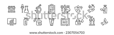 Cosmetics production icons. Laboratory process, ingredients and data analytics. Pixel perfect, editable stroke Royalty-Free Stock Photo #2307056703