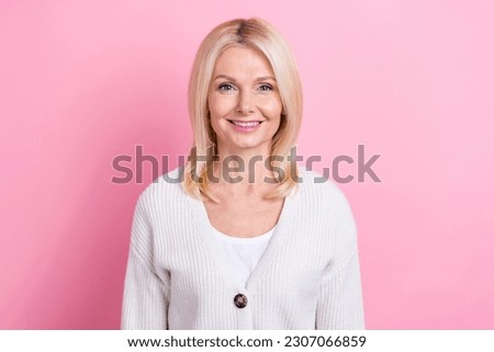 Photo of satisfied funny optimistic senior woman with bob hairstyle dressed knit cardigan smiling isolated on pink color background Royalty-Free Stock Photo #2307066859