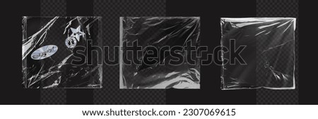 Plastic wrap texture overlay effect. Polyethylene packaging for vinyl or cd cover. Shrink crumpled plastic sleeve, vector mockup illustration. Wrinkled, damaged, torn old disk bag Royalty-Free Stock Photo #2307069615