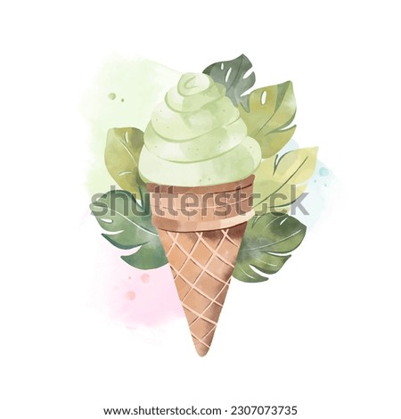 Artistic ice cream in a cone with botanical background. Food clip art. Summer food. Lime frozen snack. Watercolour ice cream isolated