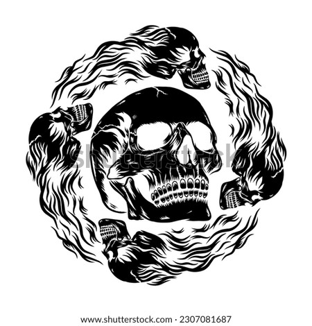 Skull with flames, burning skull, fire skull, black vector on a white background