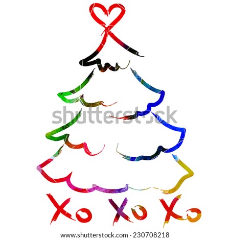 vector watercolor Christmas tree with in bright colors with xo