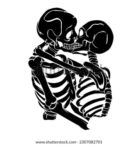 vintage wedding couple skull. Death love. Vector illustration. Skeletons kissing. Be my Valentine. Love you more every year.  Royalty-Free Stock Photo #2307082701