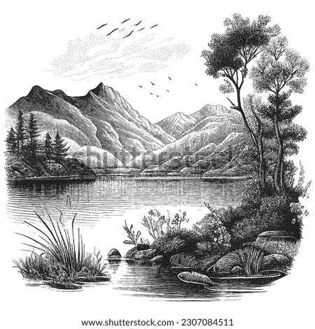 Hand Drawn Engraving Pen and Ink Lake Landscape Vintage Vector Illustration Royalty-Free Stock Photo #2307084511