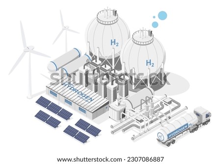 Green hydrogen simple power plant concept with solar cell and wind turbine energy for h2 semi truck transporter ecology powerhouse electricity isometric vector isolated Royalty-Free Stock Photo #2307086887