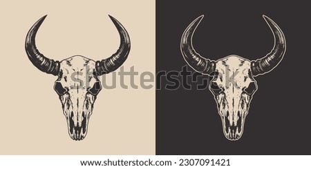 Set of vintage retro scary spooky cow bull skull head skeleton. Cowboy Native American. Can be used like emblem, logo. Monochrome Graphic Art. Vector. Hand drawn element in engravin