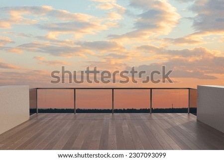 Balcony view of  sky. Landscape. Sunny Day. Terrace with a beautiful view on the sky. Background with beautiful cloud's. Royalty-Free Stock Photo #2307093099