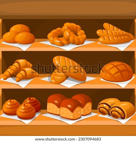 A wooden shelf full of pastries in a bakery. Baked goods on a stand in a grocery store. Cinnamon rolls, bread, croissants, baguette and chocolate buns are on display. Cartoon vector illustration. Royalty-Free Stock Photo #2307094683