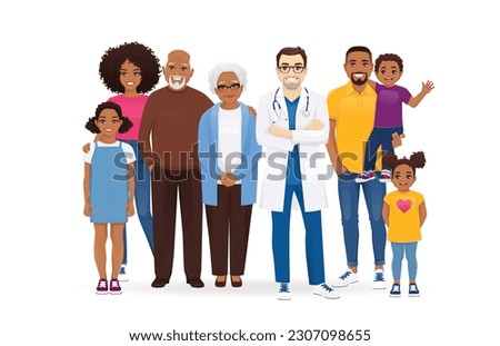 Male doctor with big African-American family vector illustration. Mother, father, daughter, son, grandfather, grandmother standing together isolated