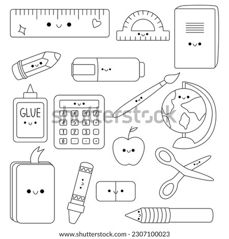 School supplies. Back to school. Big set of hand draw line school items. Books, pencils, pens, notebooks, erasers, paper, glue, globe, ruler with happy face. Study.