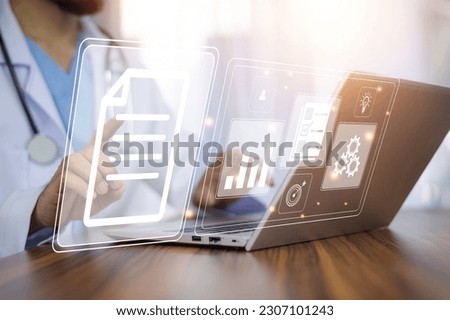Doctor document management concept, Doctor using computer Document Management System (DMS), online documentation database process automation to efficiently manage files Royalty-Free Stock Photo #2307101243